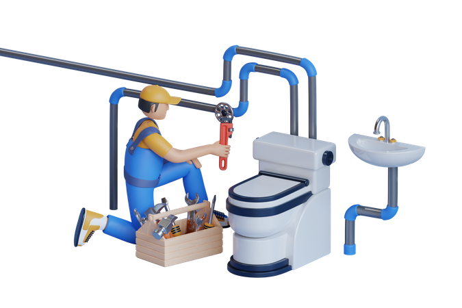 animasjons bilde av en rørlegger om fikser på et rør ved et toalett